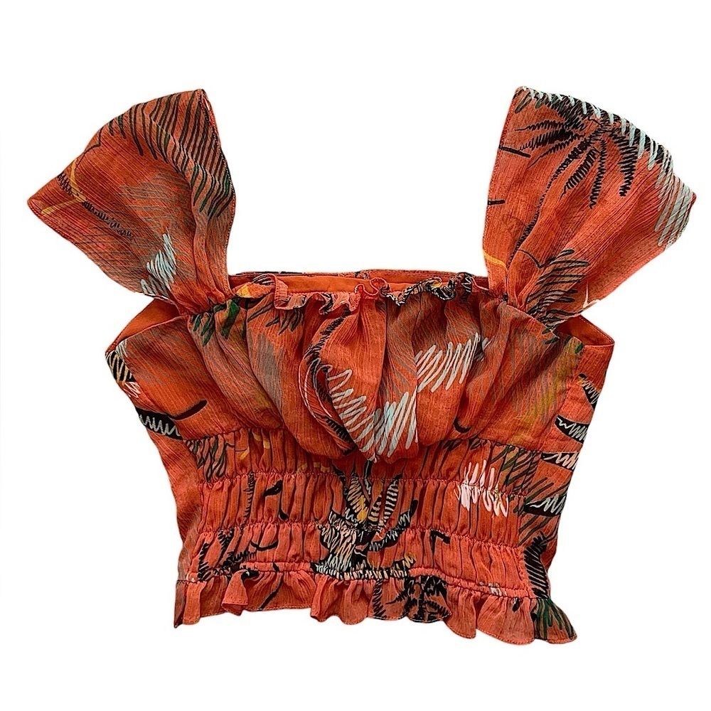 Tropical Floral Smocked Ruffle Crop Square Neck Top Womens